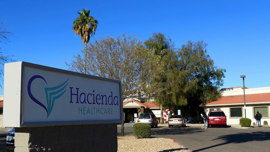 A sign for Hacienda HealthCare.