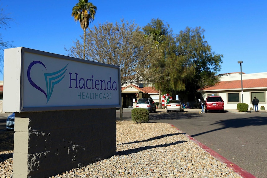 A sign for Hacienda HealthCare.