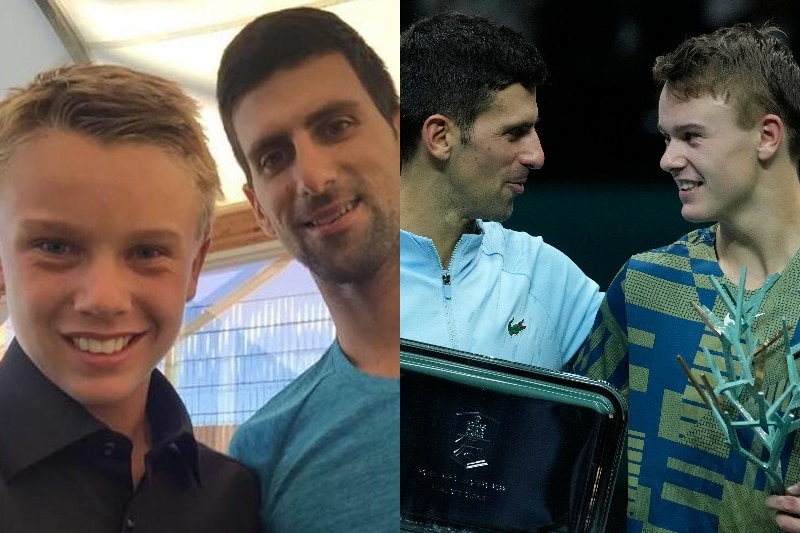 Immagine composita di un giovane Holger Rune che incontra Novak Djokovic e loro due dopo la finale del Paris Masters nel 2022.