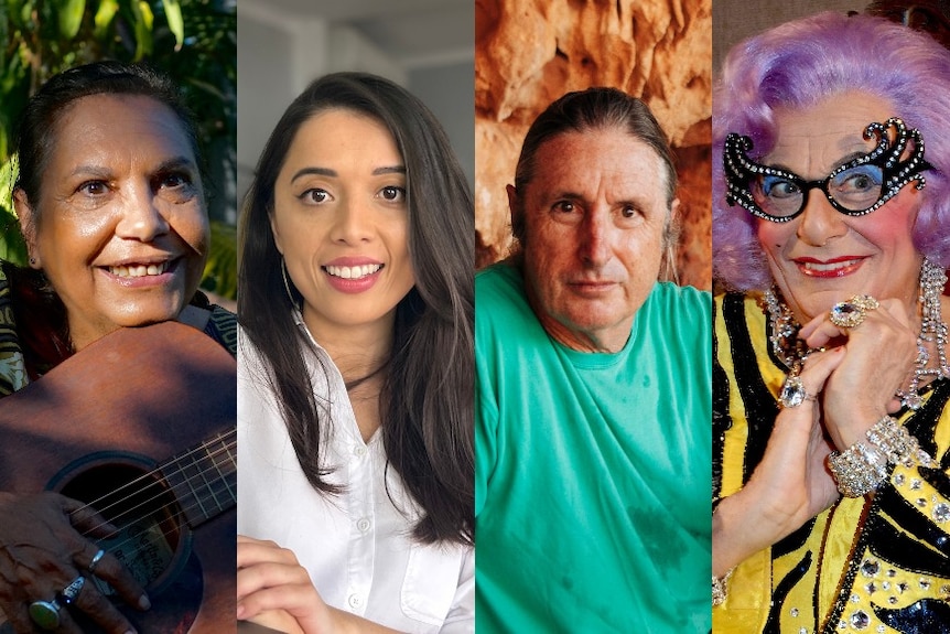 Composite image of Shellie Morris, Astrid Jorgenson, Tim Winton and Barry Humphries.