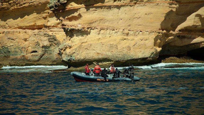 Divers sit on the edge of an inflatable boat in the Great Australian Bight.
