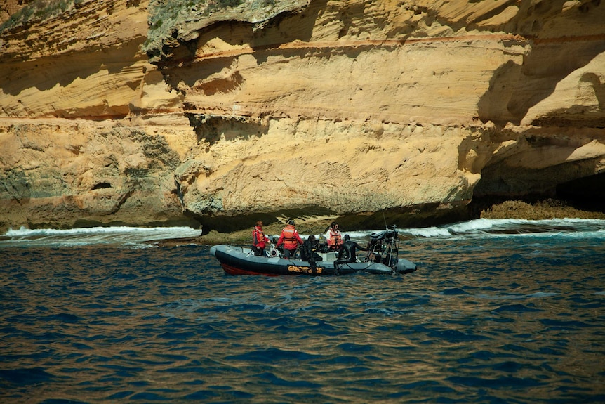 Divers sit on the edge of an inflatable boat in the Great Australian Bight.