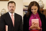 Ed Husic and Anne Aly composite image, they both are formally dressed and hold the qur'an