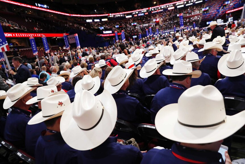 A sea of cowboy hats is shown on members of the Texas delegation.