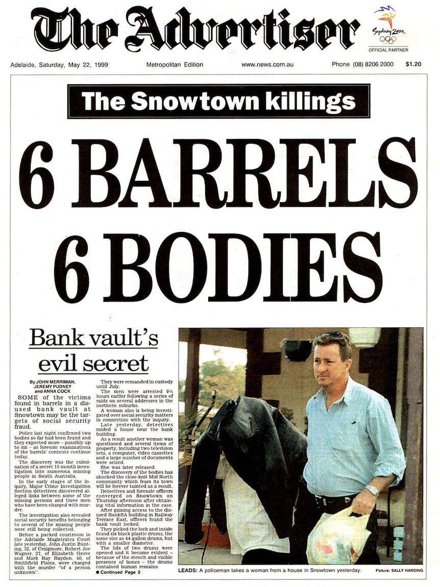 A front page of The Advertiser in 1999 about the infamous Snowtown killings in South Australia.