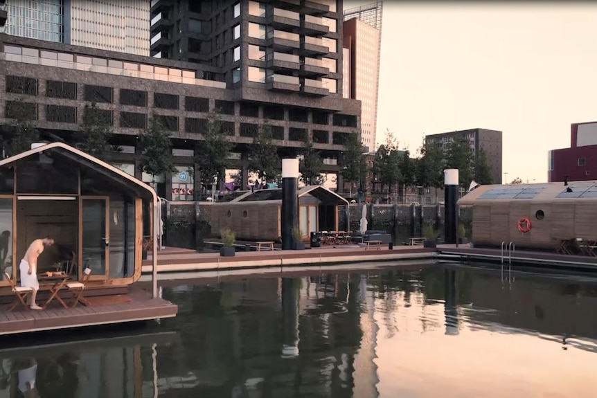 A shot from the river of the floating homes. 