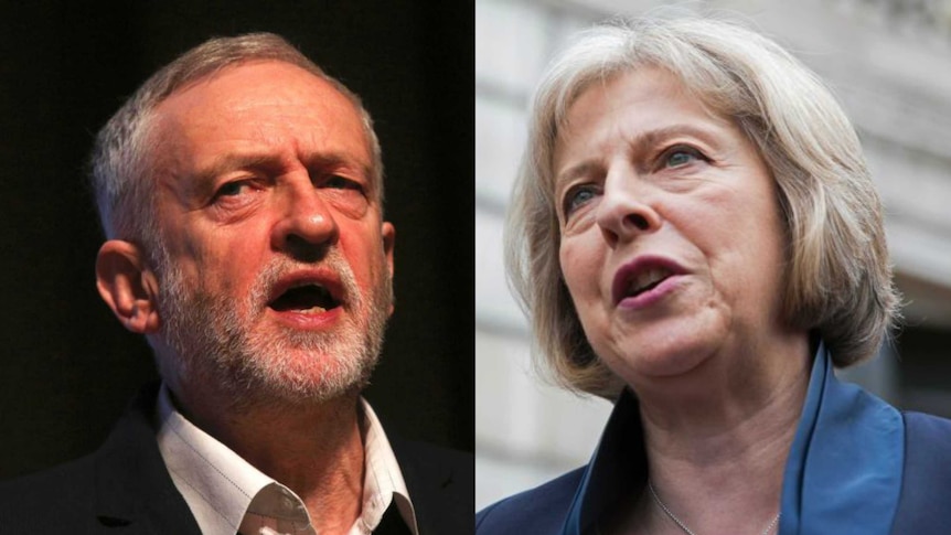 A composite photo showing head shots of Jeremy Corbyn and Theresa May.