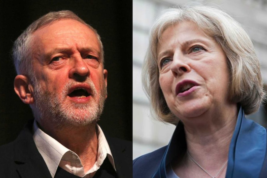 A composite photo showing head shots of Jeremy Corbyn and Theresa May.
