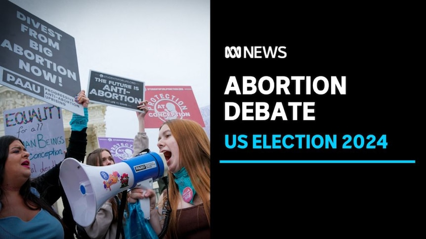 Abortion Debate, US Election 2024: A woman at a pro-choice rally yells into a megaphone. Women stand around her holding signs.