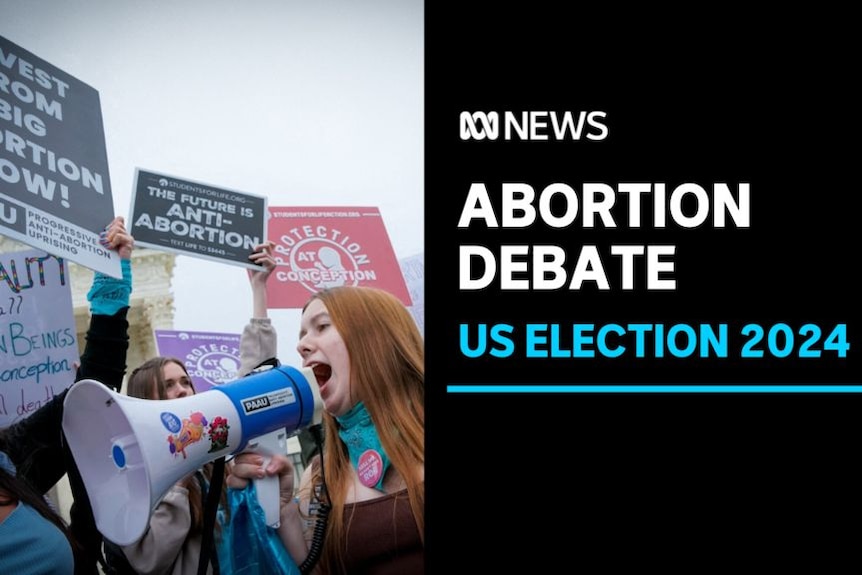 Abortion Debate, US Election 2024: A woman at a pro-choice rally yells into a megaphone. Women stand around her holding signs.
