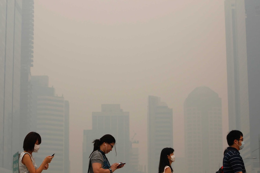 Office workers wearing masks make their way to work in Singapore's central business district June 21, 2013