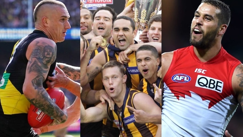 Dustin Martin in action, the Hawks celebrating with the 2013 premiership cup and Lance Franklin in a Swans jersey.
