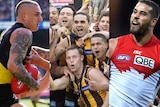 Dustin Martin in action, the Hawks celebrating with the 2013 premiership cup and Lance Franklin in a Swans jersey.