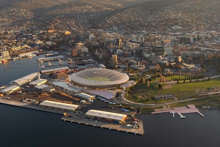 Aerail view, Macquarie Point stadium concept, released July 2024.