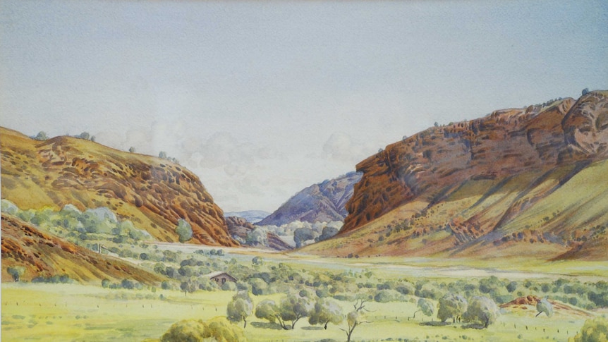 A watercolour painting featuring a green valley surrounded by hills.