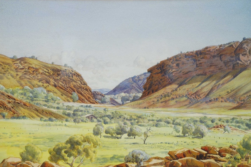 A watercolour painting featuring a green valley surrounded by hills.