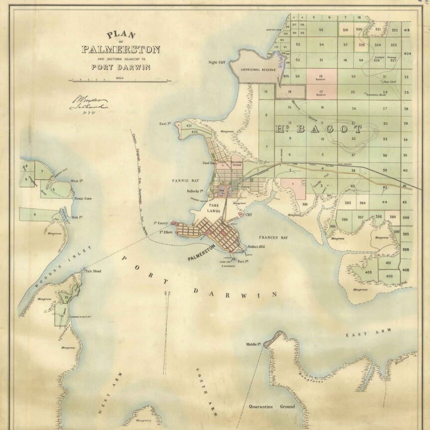 A map dating to Goyder's era showing the East and West Points of Darwin Harbour.