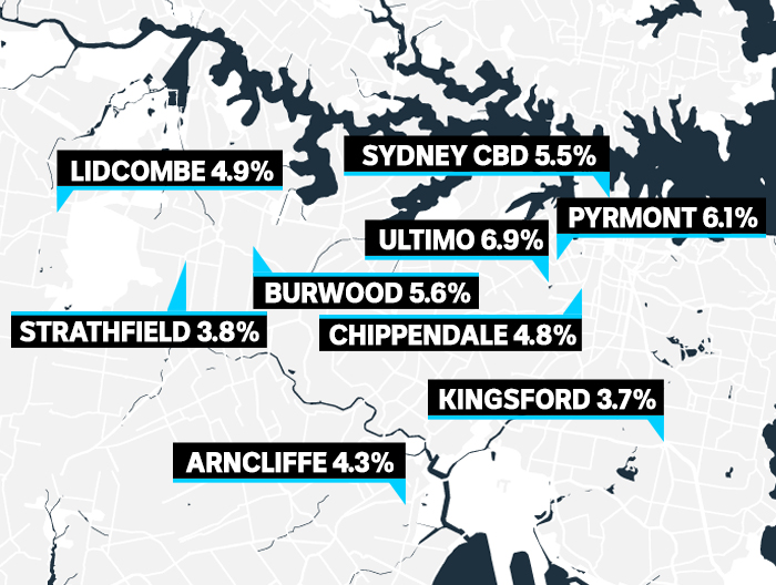 A map of Sydney suburbs with the highest rise in vacancy rates over the year.