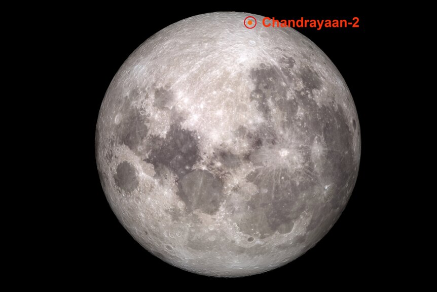 Moon with orange circle near its south pole