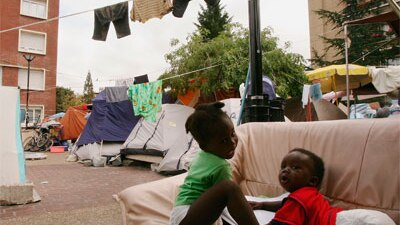 Immigrants living in a tent city outside Paris in 2005