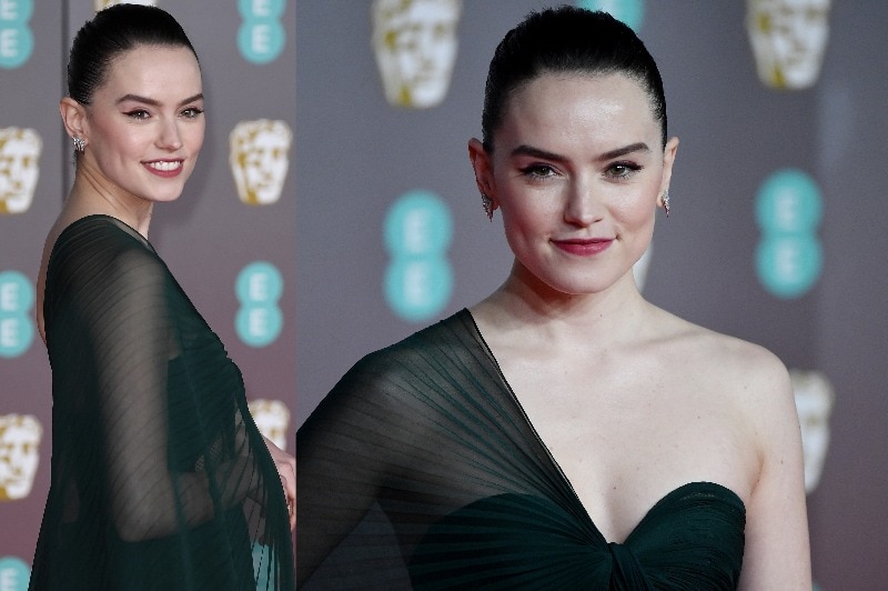 A composite image of Daisy Ridley wearing a black one shoulder dress.