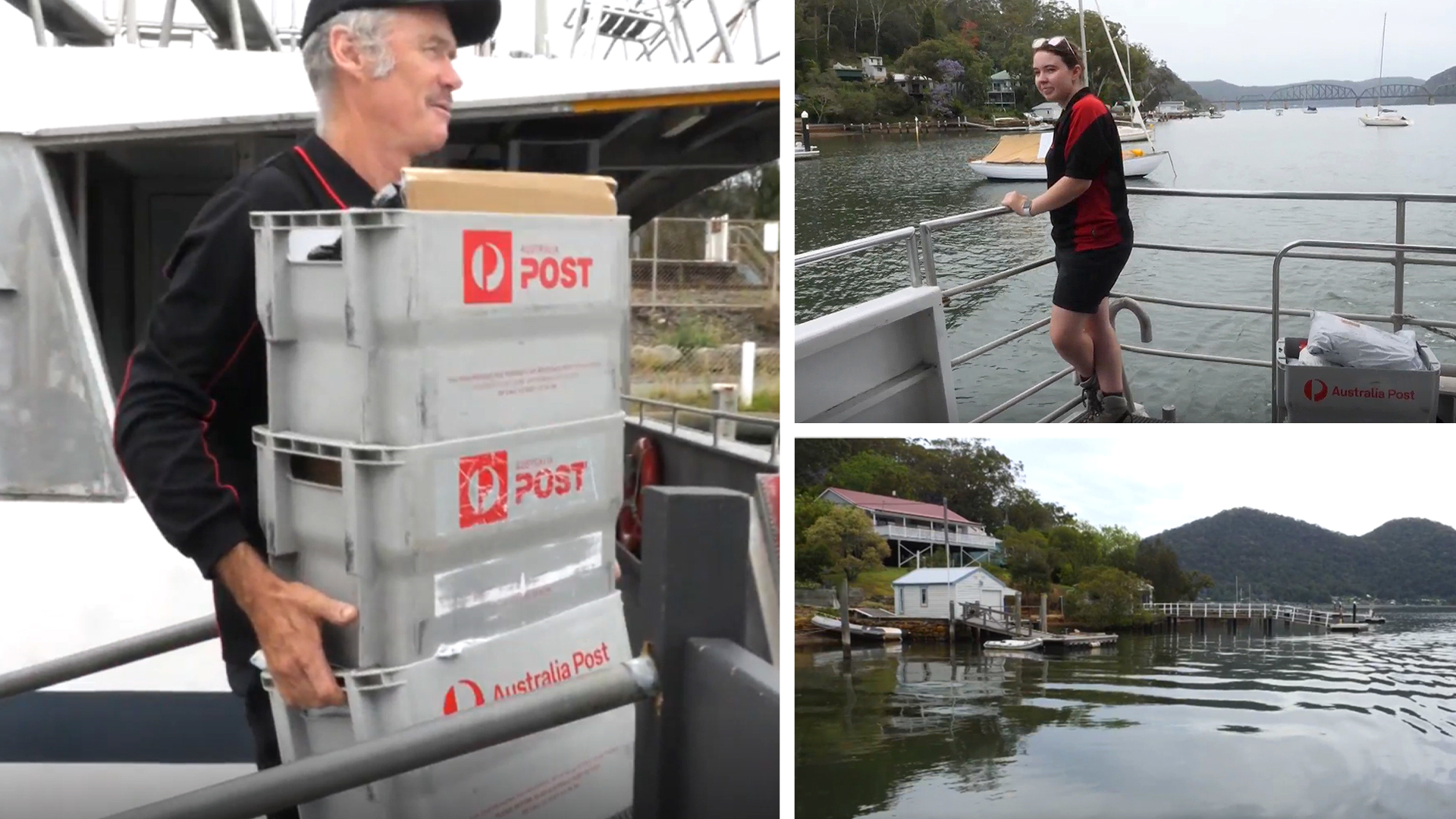 A composite image of a man carrying "Australia Post" plastic tubs, a young woman on a boat railing, and houses on a river.
