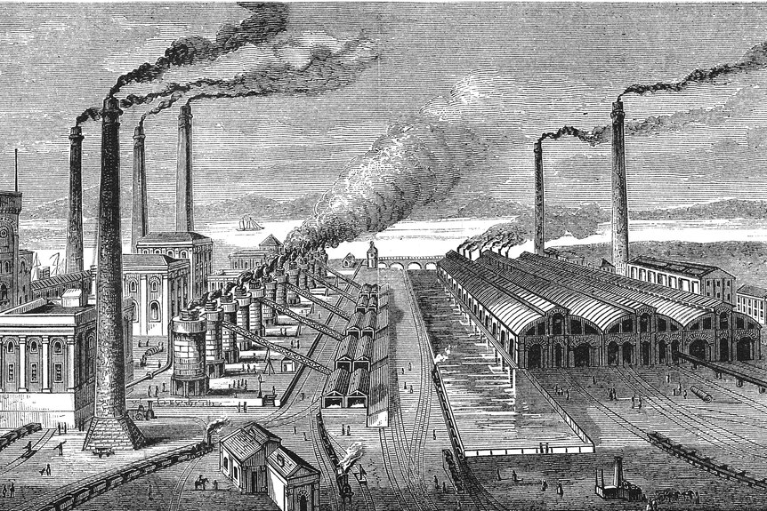 An illustration of a steel works in England during the Industrial Revolution.