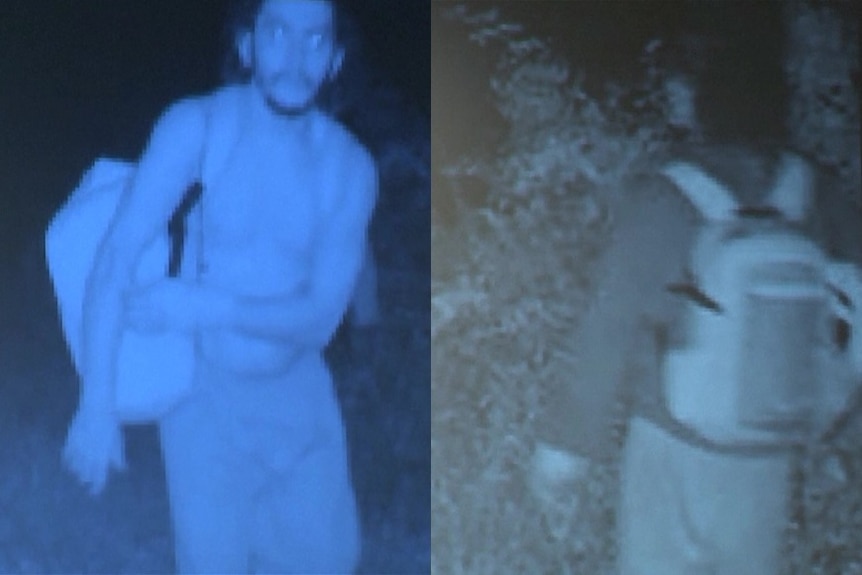 Two pictures taken at night. On left a blue tinted photo of a man carrying a bag. On right grayscale photo backpack on back