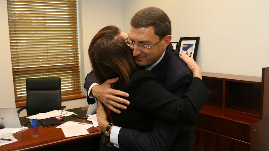 Julian Leeser hugging mother, Sylivia, before making maiden speech, on September 14, 2016.