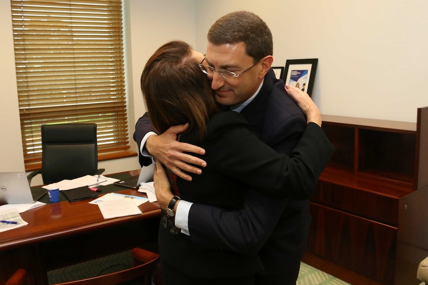 Julian Leeser hugging mother, Sylivia, before making maiden speech, on September 14, 2016.