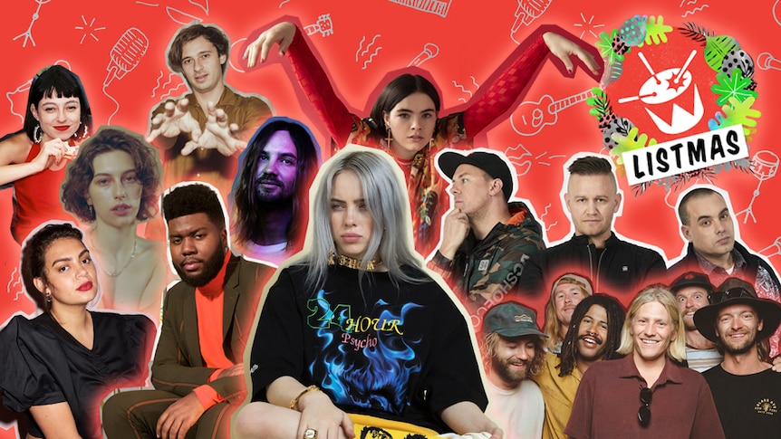 A collage of the most played acts on triple j in 2019