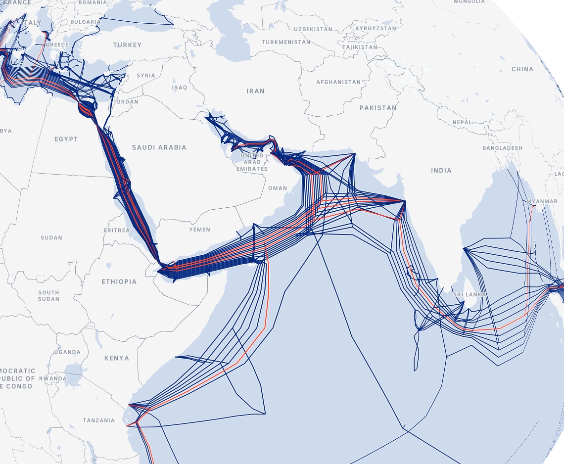 A zoomed out map, showing how cables in the Middle East connect to the wider world.