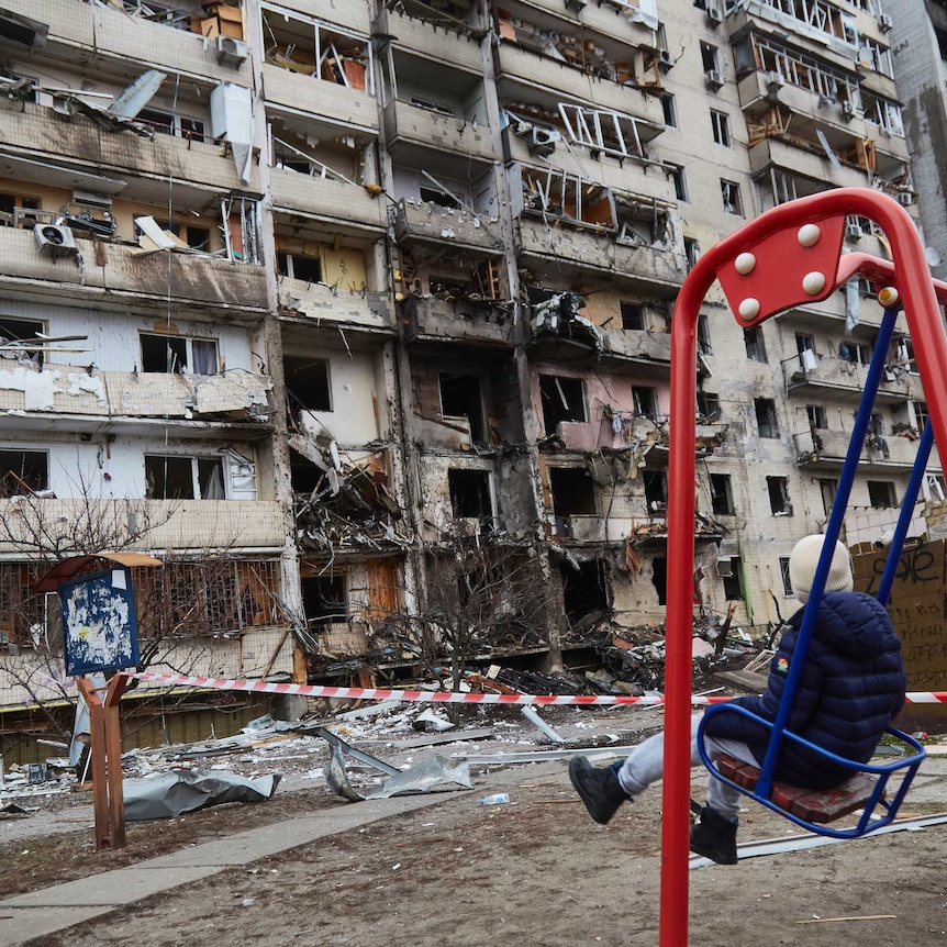 Damaged block of buildings in Kyiv, Ukraine