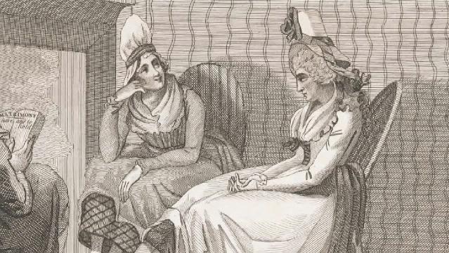 An engraving of two 19th century women sitting in conversation