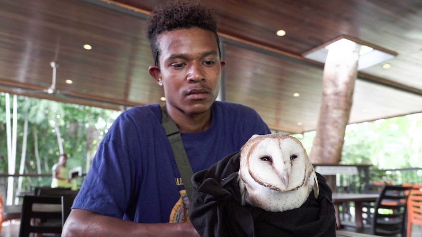 A man sits at a table holding a barn owl wrapped in a tshirt in his hands