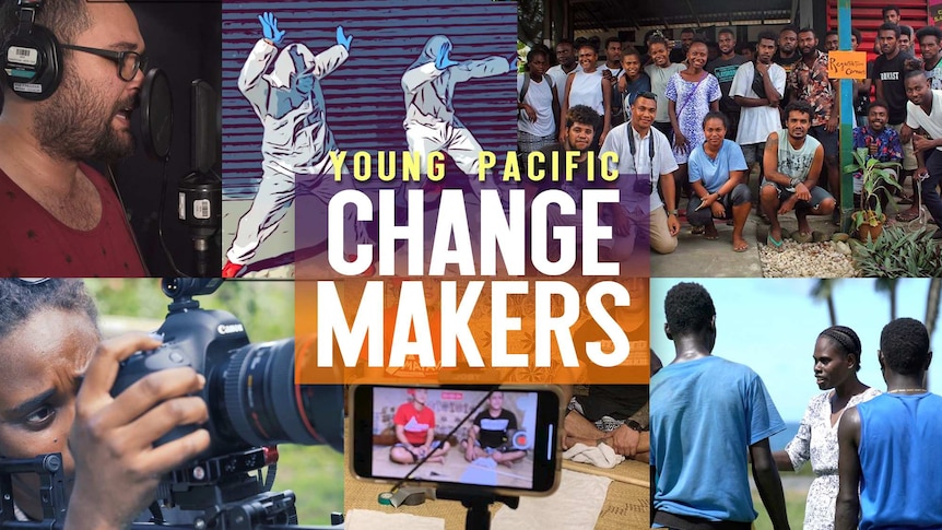 The Young Pacific Change Makers logo overlaid over various media making photos like recording audio, interviewing and cameras.