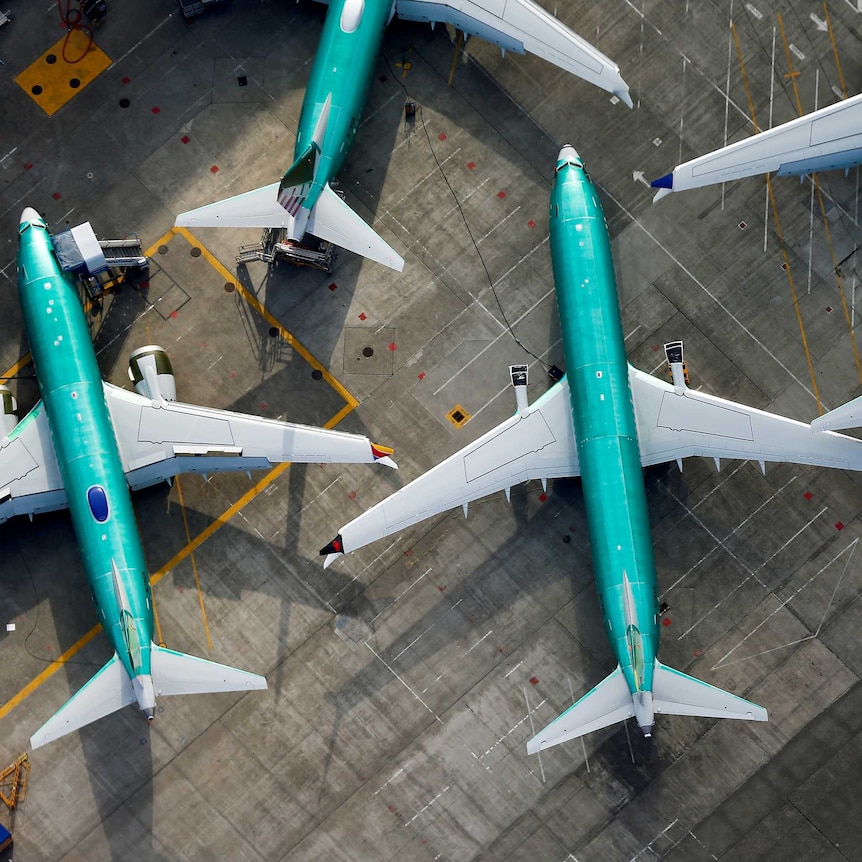 An aerial photo shows Boeing 737 MAX airplanes parked on the tarmac at the Boeing Factory in Renton, Washington.