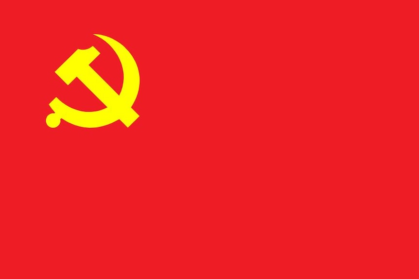 The red Chinese Communist Party flag shows a sickle and hammer in the top left corner.