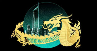 Illustration of a gold dragon flying around a globe with the gold coast skyline
