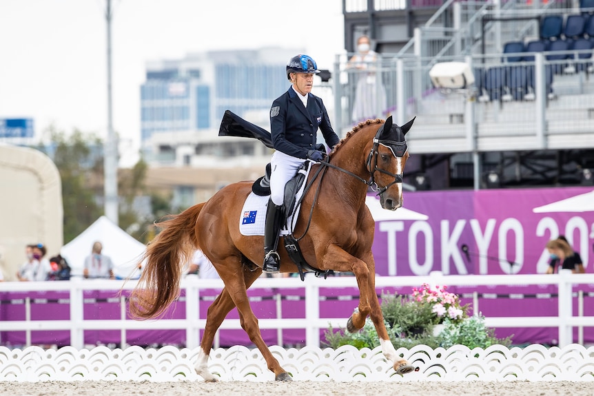 A man rides a horse in equestrian outfit in an empty arena