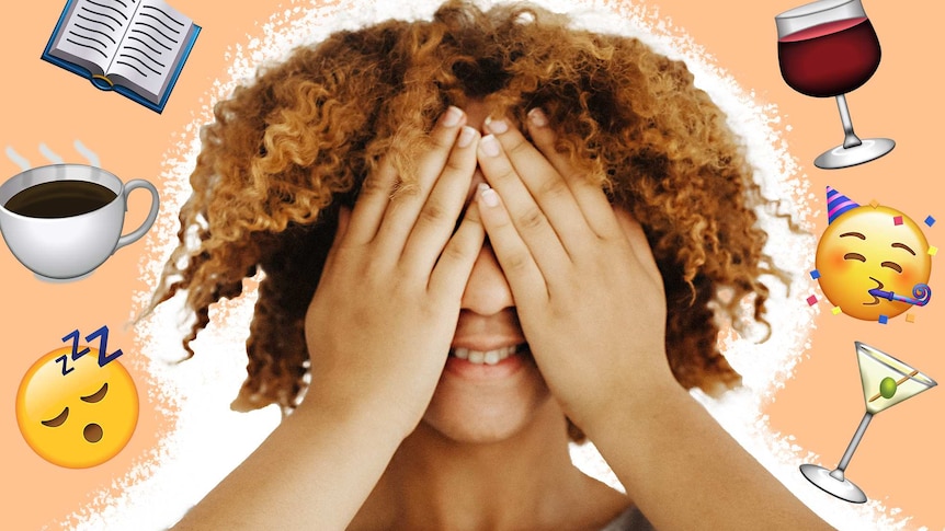 A woman covers her eyes while party and reading emojis float around her to depict socialising tips for shy, introverted people.