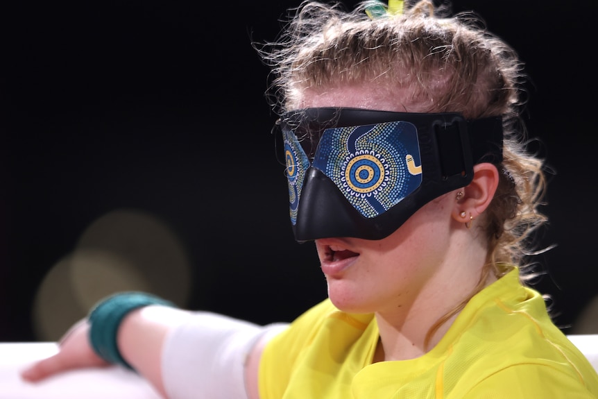 An Australian female goalball player during a match against Israel at the Tokyo Paralympics.