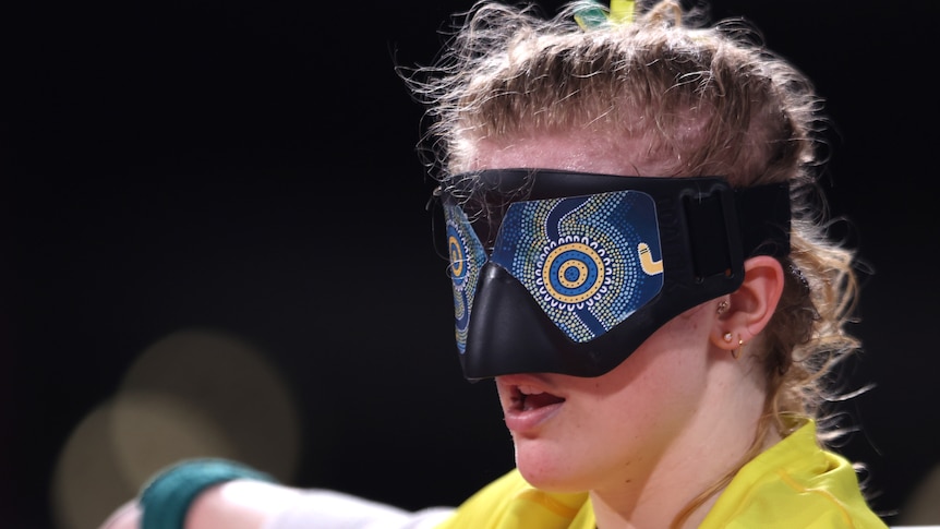 An Australian female goalball player during a match against Israel at the Tokyo Paralympics.