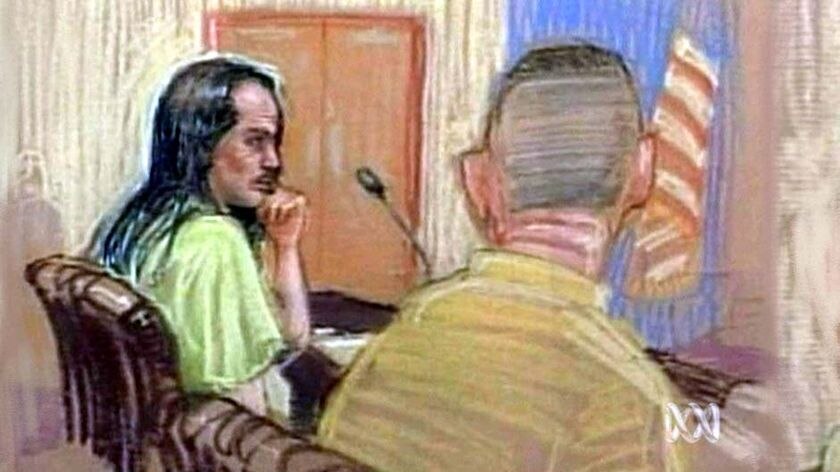 Artists impression of David Hicks appearing in court at Guantanamo Bay
