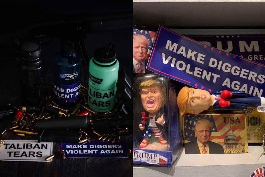 Composite image of two photos featuring Make Diggers Violent Again stickers next to handguns and Trump paraphernalia