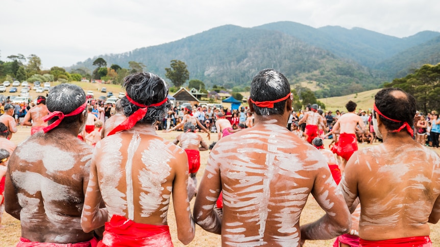 Four men in traditional Indigenous ceremonial dress and ochre watch as others dance, with Mount Gulaga in the background