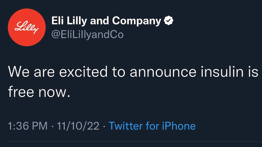 A tweet claiming to be by Eli Lilly and Company says: "We are excited to announce insulin is free now." 