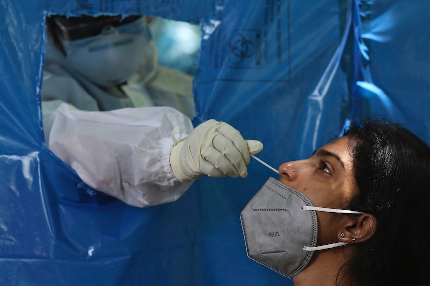 A woman gets her nasal swab sample taken for COVID-19 test at a government health centre in Hyderabad, Indi.