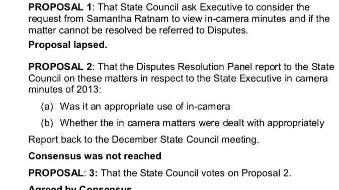 Meetings from the Greens' state council meeting in July, 2013, show a proposal for a Dispute Resolution Panel report was passed.