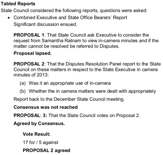 Meetings from the Greens' state council meeting in July, 2013, show a proposal for a Dispute Resolution Panel report was passed.